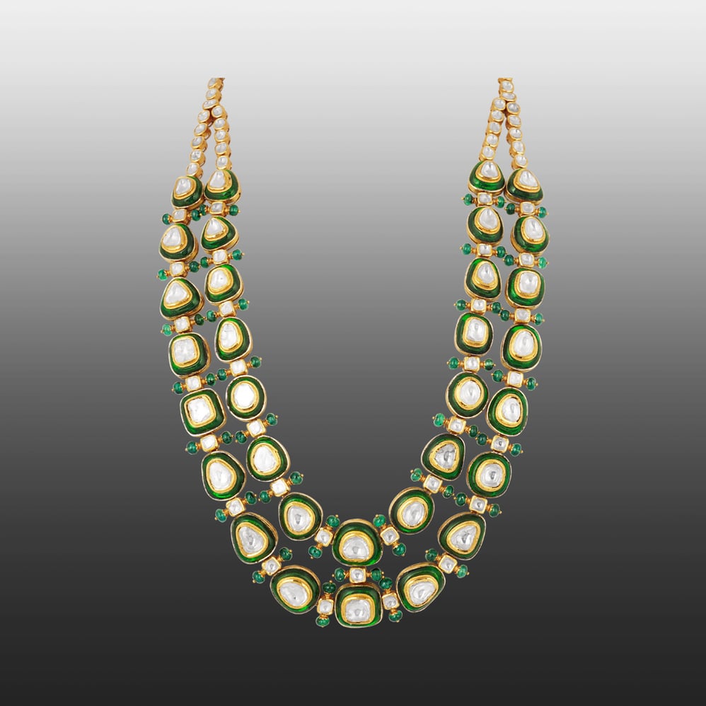 Polki Necklace with Green Chudi Work and Emerald Fungar Beads